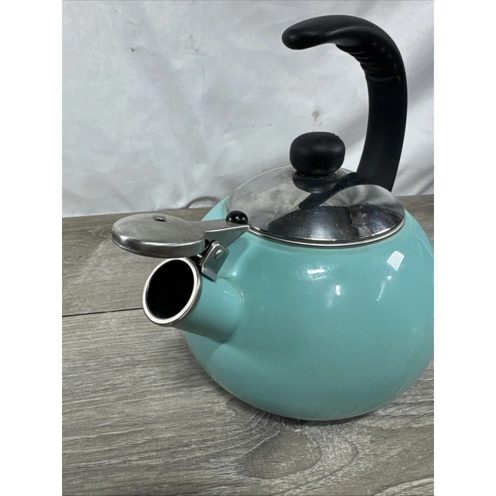 Farberware Luna Whistling Tea Pot Kettle 2.5 qt Aqua Enamel on Steel
